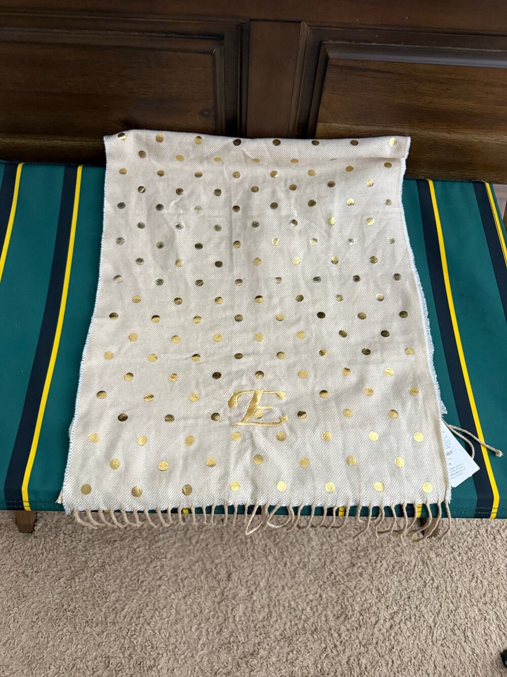 Lands’ End "E" Cream Gold Polka Dot Fringe Scarf OS NWT Cozy Preppy